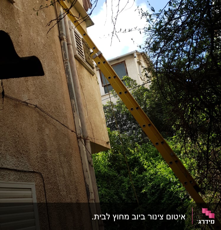 סולם צהוב נשען על קיר ליד צינור חיצוני